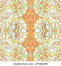 Tracery seamless calming pattern. Mehendi design. Ethnic colorful doodle texture. Indifferent discreet. Curved doodling mehndi motif. Vector.