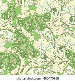 Tracery seamless calming pattern. Mehendi design. Ethnic green doodle texture. Indifferent discreet. Curved doodling mehndi motif. Vector.