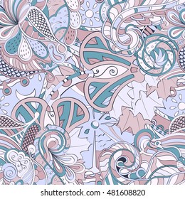 Tracery seamless calming pattern. Mehendi design. Ethnic pastel doodle texture. Indifferent discreet. Curved doodling mehndi motif. Vector.