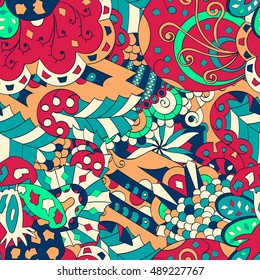 Tracery seamless calming pattern. Mehendi design. Ethnic colorful doodle texture. Indifferent discreet. Curved doodling mehndi motif. Vector.