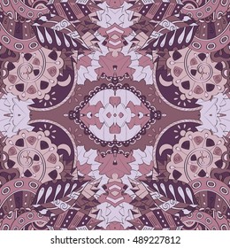 Tracery seamless calming pattern. Mehendi design. Ethnic violet doodle texture. Indifferent discreet. Curved doodling mehndi motif. Vector.