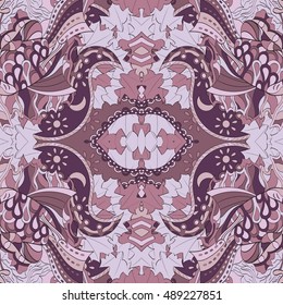 Tracery seamless calming pattern. Mehendi design. Ethnic violet doodle texture. Indifferent discreet. Curved doodling mehndi motif. Vector.
