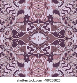 Tracery seamless calming pattern. Mehendi design. Ethnic violet doodle texture. Indifferent discreet. Curved doodling mehndi motif. Vector.