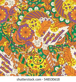 Tracery seamless calming pattern. Mehendi design. Ethnic orange doodle texture. Indifferent discreet. Curved doodling mehndi motif. Vector.