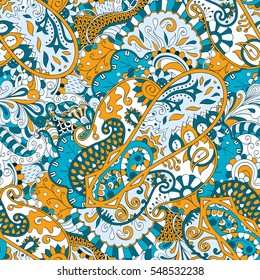 Tracery seamless calming pattern. Mehendi design. Ethnic blue doodle texture. Indifferent discreet. Curved doodling mehndi motif. Vector.