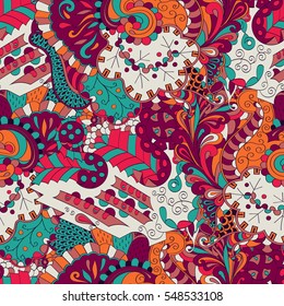 Tracery seamless calming pattern. Mehendi design. Ethnic colorful doodle texture. Indifferent discreet. Curved doodling mehndi motif. Vector.