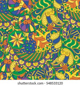 Tracery seamless calming pattern. Mehendi design. Ethnic colorful doodle texture. Indifferent discreet. Curved doodling mehndi motif. Vector.