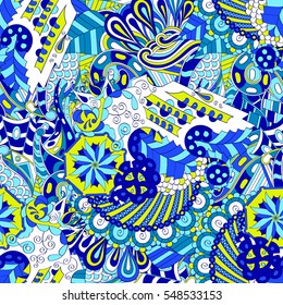 Tracery seamless calming pattern. Mehendi design. Ethnic blue doodle texture. Indifferent discreet. Curved doodling mehndi motif. Vector.