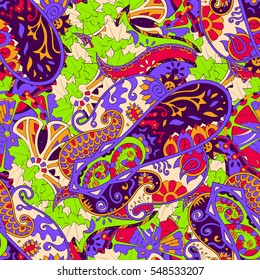 Tracery seamless calming pattern. Mehendi design. Ethnic colorful doodle texture. Indifferent discreet. Curved doodling mehndi motif. Vector.