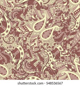Tracery seamless calming pattern. Mehendi design. Ethnic colorful doodle texture. Indifferent discreet. Curved doodling mehndi motif. Vector.
