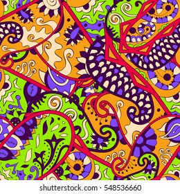 Tracery seamless calming pattern. Mehendi design. Ethnic colorful doodle texture. Indifferent discreet. Curved doodling mehndi motif. Vector.