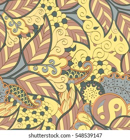 Tracery seamless calming pattern. Mehendi design. Ethnic colorful doodle texture. Indifferent discreet. Curved doodling mehndi motif. Vector.