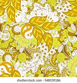Tracery seamless calming pattern. Mehendi design. Ethnic yellow doodle texture. Indifferent discreet. Curved doodling mehndi motif. Vector.