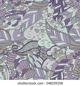 Tracery seamless calming pattern. Mehendi design. Ethnic colorful doodle texture. Indifferent discreet. Curved doodling mehndi motif. Vector.