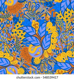 Tracery seamless calming pattern. Mehendi design. Ethnic colorful doodle texture. Indifferent discreet. Curved doodling mehndi motif. Vector.
