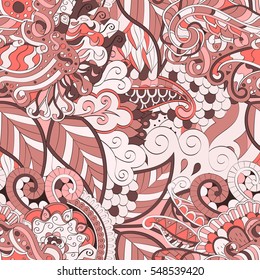 Tracery seamless calming pattern. Mehendi design. Ethnic red doodle texture. Indifferent discreet. Curved doodling mehndi motif. Vector.