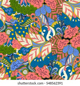 Tracery seamless calming pattern. Mehendi design. Ethnic colorful doodle texture. Indifferent discreet. Curved doodling mehndi motif. Vector.