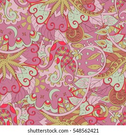 Tracery seamless calming pattern. Mehendi design. Ethnic red doodle texture. Indifferent discreet. Curved doodling mehndi motif. Vector.