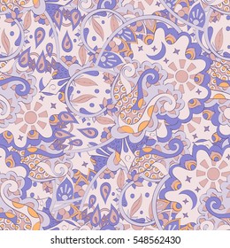Tracery seamless calming pattern. Mehendi design. Ethnic colorful doodle texture. Indifferent discreet. Curved doodling mehndi motif. Vector.