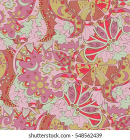 Tracery seamless calming pattern. Mehendi design. Ethnic red doodle texture. Indifferent discreet. Curved doodling mehndi motif. Vector.