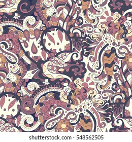 Tracery seamless calming pattern. Mehendi design. Ethnic colorful doodle texture. Indifferent discreet. Curved doodling mehndi motif. Vector.