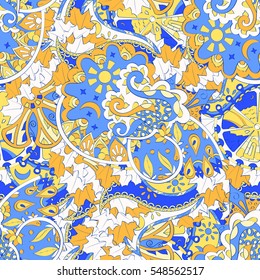 Tracery seamless calming pattern. Mehendi design. Ethnic blue doodle texture. Indifferent discreet. Curved doodling mehndi motif. Vector.