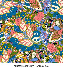 Tracery seamless calming pattern. Mehendi design. Ethnic colorful doodle texture. Indifferent discreet. Curved doodling mehndi motif. Vector.