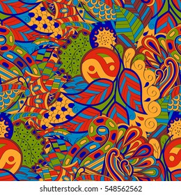 Tracery seamless calming pattern. Mehendi design. Ethnic colorful doodle texture. Indifferent discreet. Curved doodling mehndi motif. Vector.