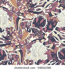Tracery seamless calming pattern. Mehendi design. Ethnic colorful doodle texture. Indifferent discreet. Curved doodling mehndi motif. Vector.