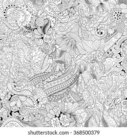 Tracery seamless calming pattern. Mehndi design. Neat even monochrome binary harmonious texture. Algae sea motif. Ethnically indifferent. Ambiguous usable bracing, curved doodling mehendi. Vector.