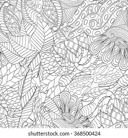 Tracery seamless calming pattern. Mehndi design. Neat even monochrome binary harmonious texture. Algae sea motif. Ethnically indifferent. Ambiguous usable bracing, curved doodling mehendi. Vector.
