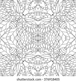 Tracery seamless calming pattern. Mehndi design. Neat even monochrome binary harmonious texture. Algae sea motif. Ethnically indifferent. Ambiguous usable bracing, curved doodling mehendi. Vector.