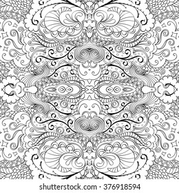 Tracery seamless calming pattern. Mehndi design. Neat even monochrome binary harmonious texture. Algae sea motif. Ethnically indifferent. Ambiguous usable bracing, curved doodling mehendi. Vector.