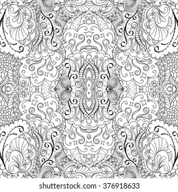 Tracery seamless calming pattern. Mehndi design. Neat even monochrome binary harmonious texture. Algae sea motif. Ethnically indifferent. Ambiguous usable bracing, curved doodling mehendi. Vector.