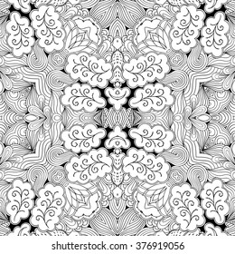 Tracery seamless calming pattern. Mehndi design. Neat even monochrome binary harmonious texture. Algae sea motif. Ethnically indifferent. Ambiguous usable bracing, curved doodling mehendi. Vector.