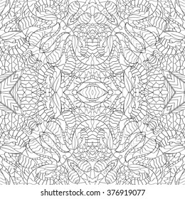 Tracery seamless calming pattern. Mehndi design. Neat even monochrome binary harmonious texture. Algae sea motif. Ethnically indifferent. Ambiguous usable bracing, curved doodling mehendi. Vector.