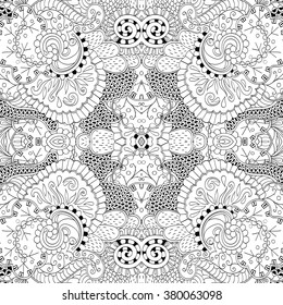 Tracery seamless calming pattern. Mehndi design. Neat even monochrome binary harmonious texture. Algae sea motif. Ethnically indifferent. Ambiguous usable bracing, curved doodling mehendi. Vector.
