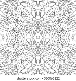 Tracery seamless calming pattern. Mehndi design. Neat even monochrome binary harmonious texture. Algae sea motif. Ethnically indifferent. Ambiguous usable bracing, curved doodling mehendi. Vector.
