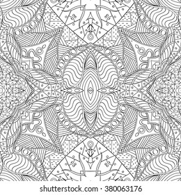 Tracery seamless calming pattern. Mehndi design. Neat even monochrome binary harmonious texture. Algae sea motif. Ethnically indifferent. Ambiguous usable bracing, curved doodling mehendi. Vector.
