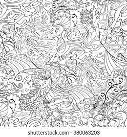 Tracery seamless calming pattern. Mehndi design. Neat even monochrome binary harmonious texture. Algae sea motif. Ethnically indifferent. Ambiguous usable bracing, curved doodling mehendi. Vector.