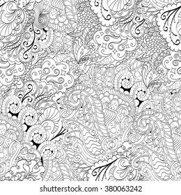 Tracery seamless calming pattern. Mehndi design. Neat even monochrome binary harmonious texture. Algae sea motif. Ethnically indifferent. Ambiguous usable bracing, curved doodling mehendi. Vector.