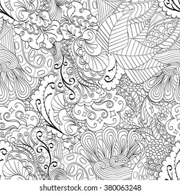 Tracery seamless calming pattern. Mehndi design. Neat even monochrome binary harmonious texture. Algae sea motif. Ethnically indifferent. Ambiguous usable bracing, curved doodling mehendi. Vector.