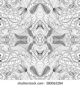 Tracery seamless calming pattern. Mehndi design. Neat even monochrome binary harmonious texture. Algae sea motif. Ethnically indifferent. Ambiguous usable bracing, curved doodling mehendi. Vector.