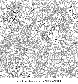 Tracery seamless calming pattern. Mehndi design. Neat even monochrome binary harmonious texture. Algae sea motif. Ethnically indifferent. Ambiguous usable bracing, curved doodling mehendi. Vector.