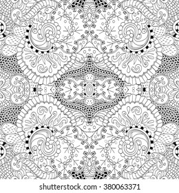 Tracery seamless calming pattern. Mehndi design. Neat even monochrome binary harmonious texture. Algae sea motif. Ethnically indifferent. Ambiguous usable bracing, curved doodling mehendi. Vector.