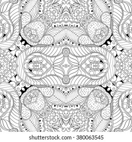 Tracery seamless calming pattern. Mehndi design. Neat even monochrome binary harmonious texture. Algae sea motif. Ethnically indifferent. Ambiguous usable bracing, curved doodling mehendi. Vector.