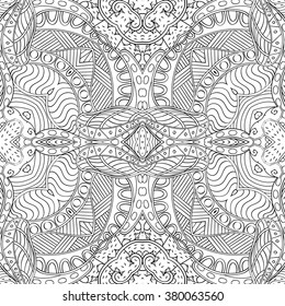 Tracery seamless calming pattern. Mehndi design. Neat even monochrome binary harmonious texture. Algae sea motif. Ethnically indifferent. Ambiguous usable bracing, curved doodling mehendi. Vector.