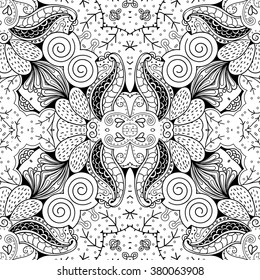 Tracery seamless calming pattern. Mehndi design. Neat even monochrome binary harmonious texture. Algae sea motif. Ethnically indifferent. Ambiguous usable bracing, curved doodling mehendi. Vector.