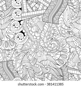 Tracery seamless calming pattern. Mehndi design. Neat even monochrome binary harmonious texture. Algae sea motif. Ethnically indifferent. Ambiguous usable bracing, curved doodling mehendi. Vector.