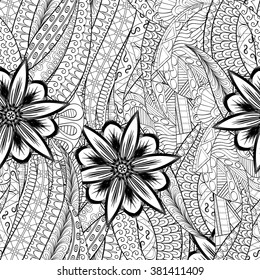 Tracery seamless calming pattern. Mehndi design. Neat even monochrome binary harmonious texture. Algae sea motif. Ethnically indifferent. Ambiguous usable bracing, curved doodling mehendi. Vector.